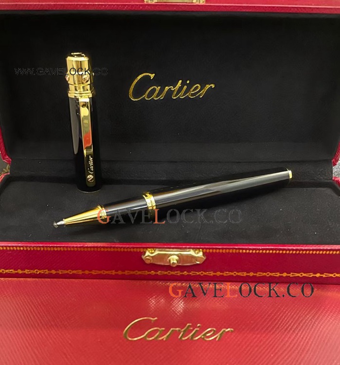 Fast Shipping Copy Cartier Santos Gold-coated Black Rollerball